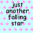 Light blue background with repeating pink star pattern, black text reading "just another falling star" in three , and a solid gray rectangle in the bottom-right corner