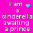 A bright pink background displays white pixelated text reading "i am a cinderella awaiting a prince" with animated cyan symbols replacing the heart in each phrase.