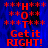 Red pixelated text on blue background with repeated 'HOT' and 'Get it RIGHT!' phrases, some frames show gray area replacing lower right section.
