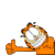 Pixelated orange cartoon cat with white face and pink nose giving a thumbs-up gesture against gray background.