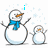 Pixelated snowman and child snowman with blue scarf, orange carrot nose, and stick arms against white background with light blue snowflakes.