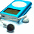 Blue and silver handheld device with screen, headphones, and circular button; adjacent black-and-white text reads BRAD.
