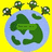 Pixelated Earth globes with green continents on blue oceans, each topped with a green banner reading 'PEACE ON EARTH' against a bright yellow background.