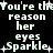Pixelated text repeats 'You're the reason her eyes sparkle' with white stars on black background, displayed in two mirrored