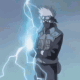Animated sequence of a masked anime character in dark clothing holding a glowing blue orb with lightning effects against a light blue background.
