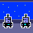 Animated contact sheet of pixel art icons showing two stick figures with lightsabers in various poses and text bubbles, arranged in a 5x5 grid on a blue starry background.