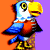 Pixelated bird with blue wings, red chest, yellow beak stands on orange and purple background next to green text reading 'Original Icons .com'
