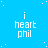 Blue background with white dots and repeated text "i heart phil" in white pixelated font across the