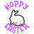 Animated Easter bunny icon set with multiple poses and a 'Happy Easter' text overlay in purple script, featuring white rabbits on light backgrounds.