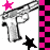 Static pixel art icon featuring a gray handgun with pink and black checkered border, two stars (one pink, one black), on white background.