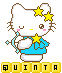 Pixel art Hello Kitty avatar with yellow star hair clips, blue dress, and bow, winking in first frame, eyes open in second frame, yellow text 'QUINTA' below.