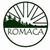 Circular icon with dark green border, dark green horizontal band, and radiating lines above band; text "ROMACA" below band; three variations show subtle differences in line and band positions.