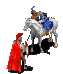 Animated sequence of two figures: a mounted warrior in blue and gold armor on a white horse, and a standing figure in red cape and helmet holding a sword.