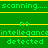 Green background with yellow horizontal lines and pixelated text reading 'scanning...', 'no', 'intelleagance', 'detected' in repeating patterns.