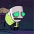 Pixelated static icon of a cartoon character with glowing green eyes, white head, yellow body, and dark limbs against a gradient background.