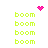 green 'boom' text with pink pixelated heart and starburst icons at top and center
