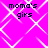 Static pixel art image with bright pink background and white diamond pattern, displaying four identical text blocks reading "moma's girls" in black pixelated font