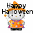 Pixelated icon of a character in orange witch attire with 'Happy Halloween' text overlay, holding an object.