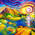 Pixelated abstract composition with vibrant color gradients transitioning from deep blue and purple at top to bright yellow and orange below, featuring a central circular light burst with concentric pink and white rings.