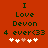 Red background with dark green text reading "I Love Devon 4 ever<33" and five white/pink hearts below, two versions showing heart animation.
