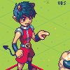 Pixel art character with blue hair, red outfit, and tail pointing right on green background.