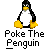 Pixelated penguin mascot with yellow feet and beak sitting above pixelated text reading "Poke The Penguin" on a gray background.