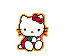 Pixelated white cat with black eyes and pink nose, wearing red bow and multicolored scarf, seated on gray background.