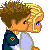 Pixelated cartoon character with blonde hair and green jacket in three animated frames showing text explosion effect over blue background.