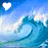 Animated ocean wave scene with a heart symbol changing color from white to blue against a sky background.