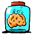 Six identical cartoon jars with red lids, blue liquid, and orange brain-like objects floating inside, each with different bubble positions.