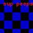 Animated pixel art displays red text "sup peeps" over blue and black checkered backgrounds with shifting patterns.