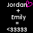 Pixelated text displays 'Jordan + Emily = <33333' with a pink heart symbol replacing the 'o' in 'Jordan' on the left side of the image.