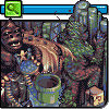 Pixel art scene with a large brown creature, green cylindrical objects, and rocky terrain under a blue bar with magnifying glass icon.