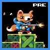 Pixel art fox character in blue hoodie and red shorts stands on green block, holding rifle with muzzle flash against black background.