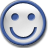 A circular blue-outlined smiley face with solid blue eyes and a curved blue mouth on a white background.