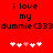 Red background with black text reading "i love my dummie<333" and five white/pink hearts below, two versions of the text and hearts displayed side-by-side.