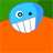 Pixelated blue cartoon character with one large eye and a wide toothy grin, set against green and orange background blocks.