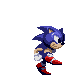Six pixel-art frames of a blue hedgehog character in motion, showing running and walking poses with red shoes and white gloves against gray background.