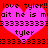 Red background with two overlapping pink hearts, pixelated text reading 'love tyler!! love tyler!!', 'ait he is mait he is m', '33333333333333333333', 'tyler', and '33333333333333333333' in dark brown.