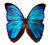Pixelated butterfly with blue and teal wings, brown body, and dark wing edges on a light checkered background.