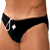 Pixelated close-up of a person wearing black bikini-style swimwear with a silver buckle and white circular detail on the waistband.