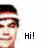 Pixelated image of a person with a headband and dark hair, showing two text variations: 'Hi!' and 'Shut the F $7@ UP!!' on white background.