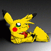 Pixelated yellow cartoon character with black-tipped ears holding a red heart against gray background.