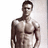 Pixelated grayscale image of a shirtless man with short hair standing against light background, split into four quadrants with red and gray sections containing text.