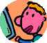 Animated cartoon of a pink-skinned character with blonde hair interacting with a computer monitor showing an @ symbol.