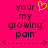 Pixelated text and symbols on a bright pink background with yellow heart icon, two identical side-by-side layouts featuring 'your my growing pain' text.