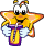 star-shaped cartoon characters with orange-yellow bodies, white eyes, and purple props holding a yellow object