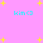 Pixelated cyan text 'kim<3' repeats on a pink background with scattered yellow stars, no visible animation changes.