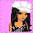 Pixel art contact sheet showing four frames of a cartoon character with black hair, white headwrap, and fashion accessories against pink background.