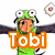 Animated green frog-like character with large eyes and black wings, displaying text overlays in orange, black, red, green, and pink.